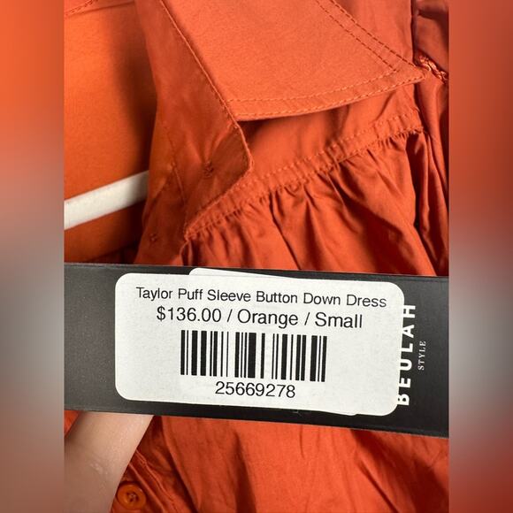 NWT Beulah Button Front Midi Shirt Dress Puff Sleeve Taylor Dress Orange Small - Picture 2 of 9